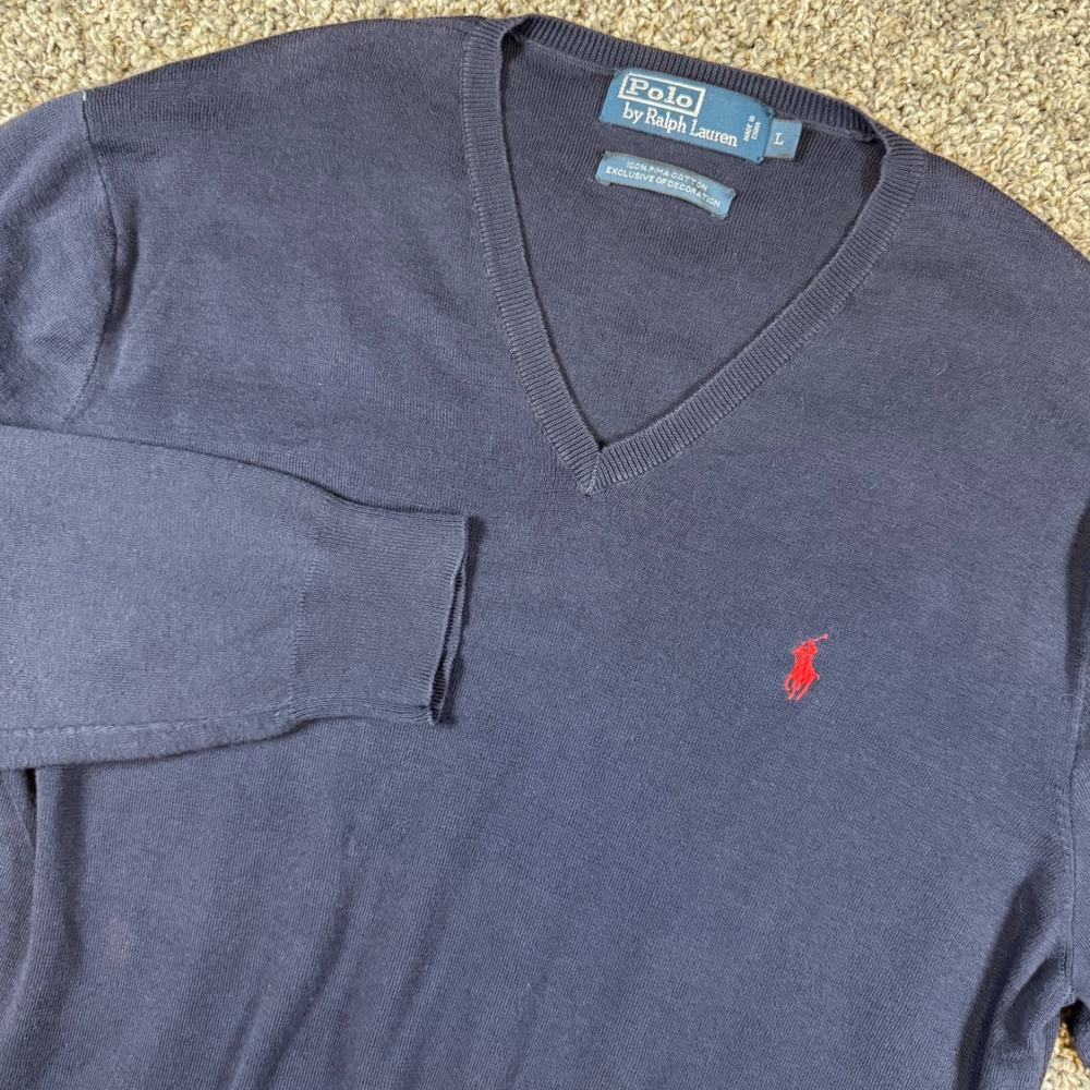 Polo Ralph Lauren V-Neck Men Large Navy Pima Cotton Pony Logo Preppy Sweater